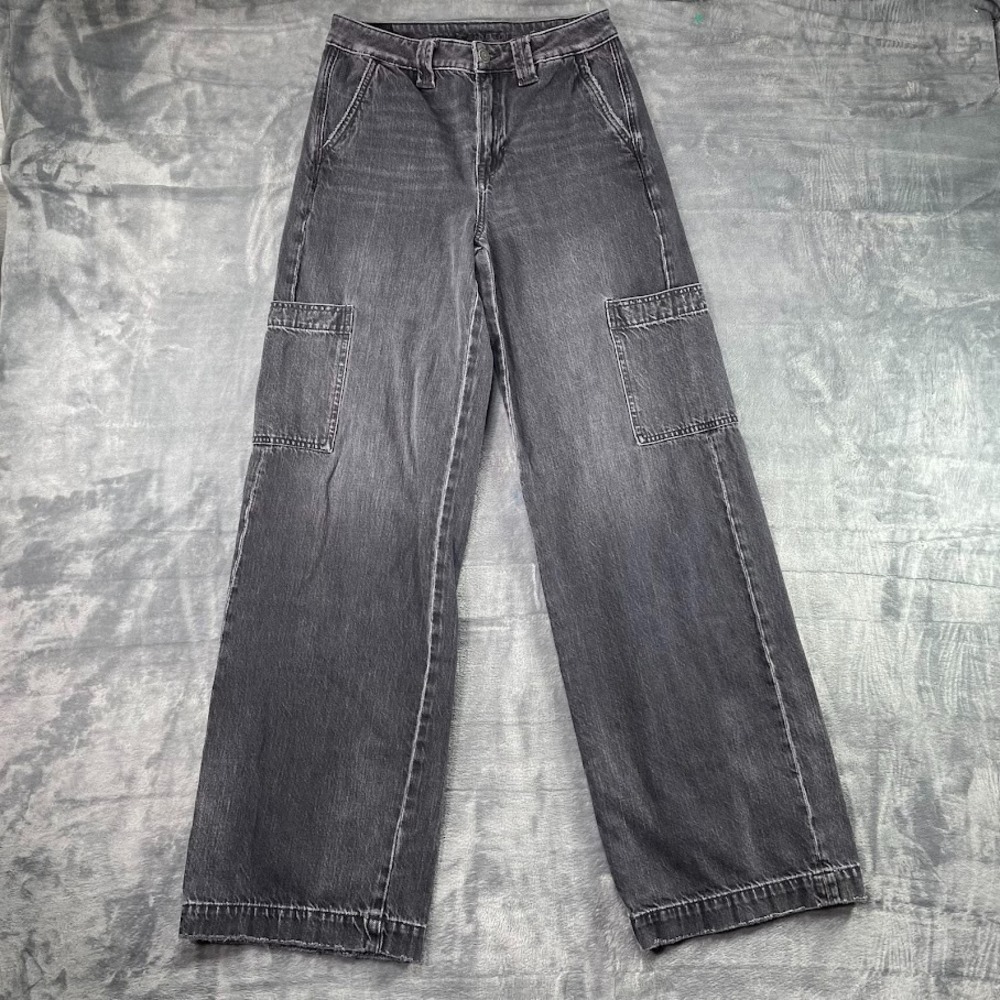 American Eagle Super High Rise Baggy Wide Leg Jeans Black Stretch Womens 2 Long